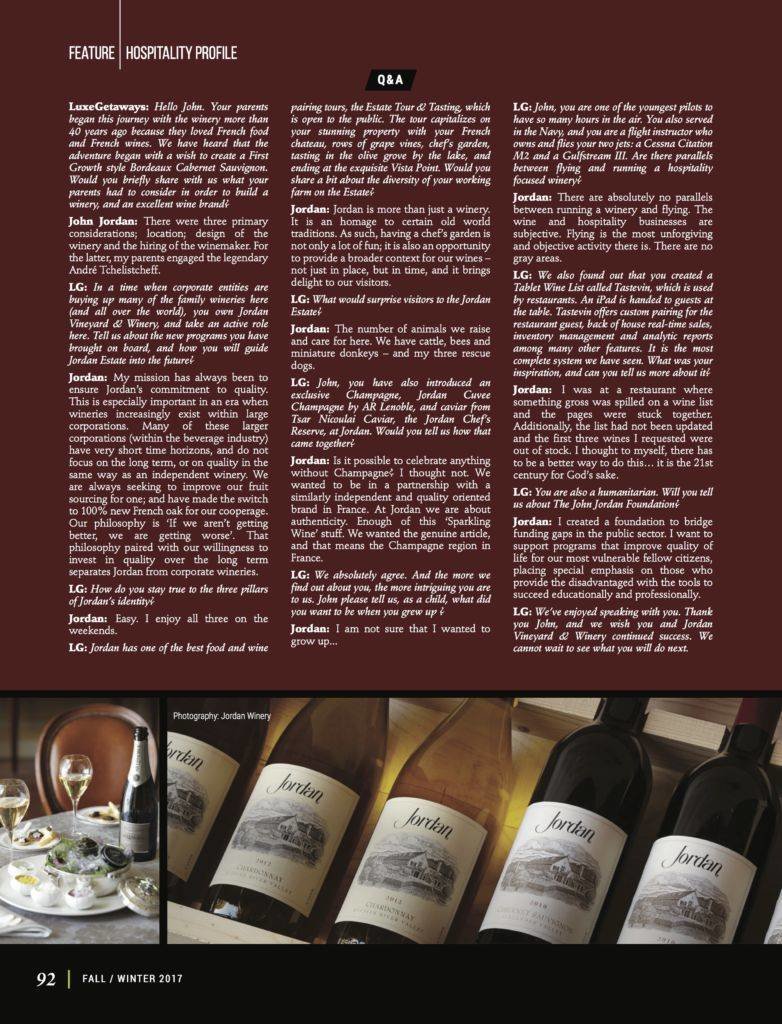 LuxeGetaways - Luxury Travel - Luxury Travel Magazine - Luxe Getaways - Luxury Lifestyle - Fall/Winter 2017 Magazine Issue - Digital Magazine - Travel Magazine - John Jordan - Jordan Winery - Art of Hospitality