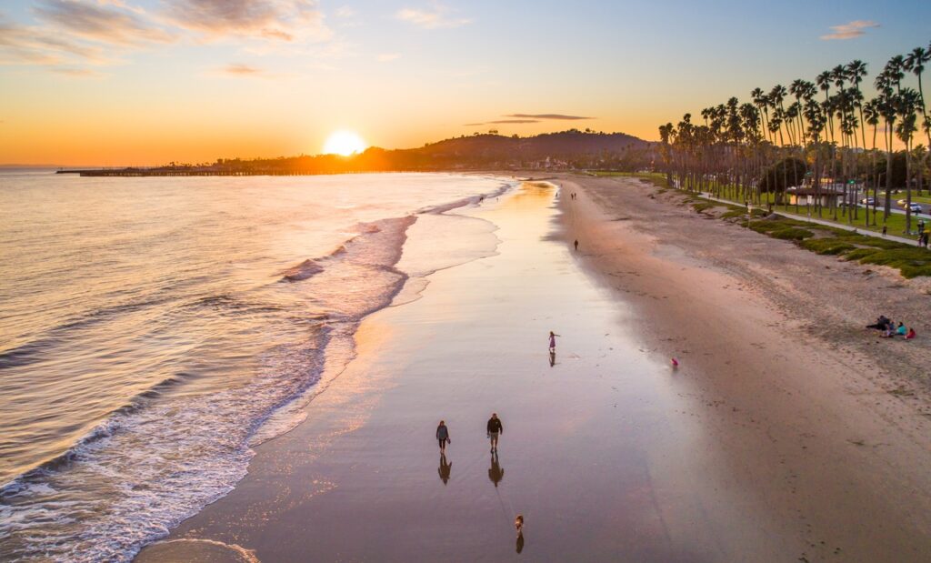 aerial of East Beach at sunset, Santa Barbara, California