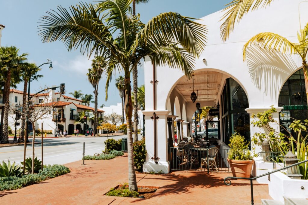 Traditional colonial architecture in Santa Barbara, California. USA. Popular tourist destination.